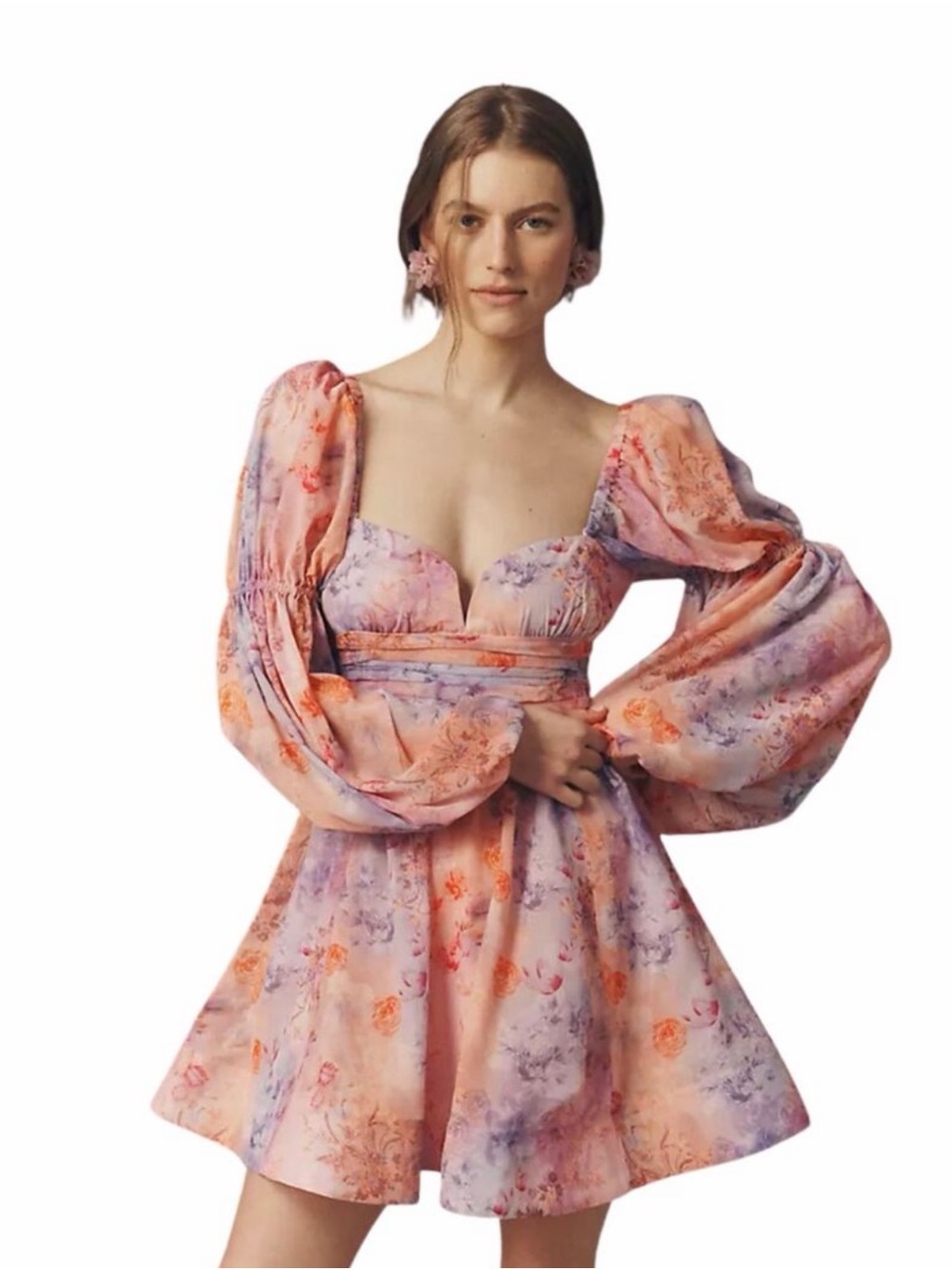 BHLDN Ellie Sweetheart Pink Lavender Floral Puff-Sleeve Mini Dress size Large